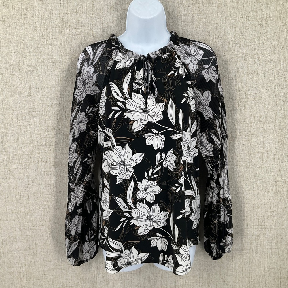 White House Black Market Blouse Womens S Black‎ Floral Pleated Sleeve Office